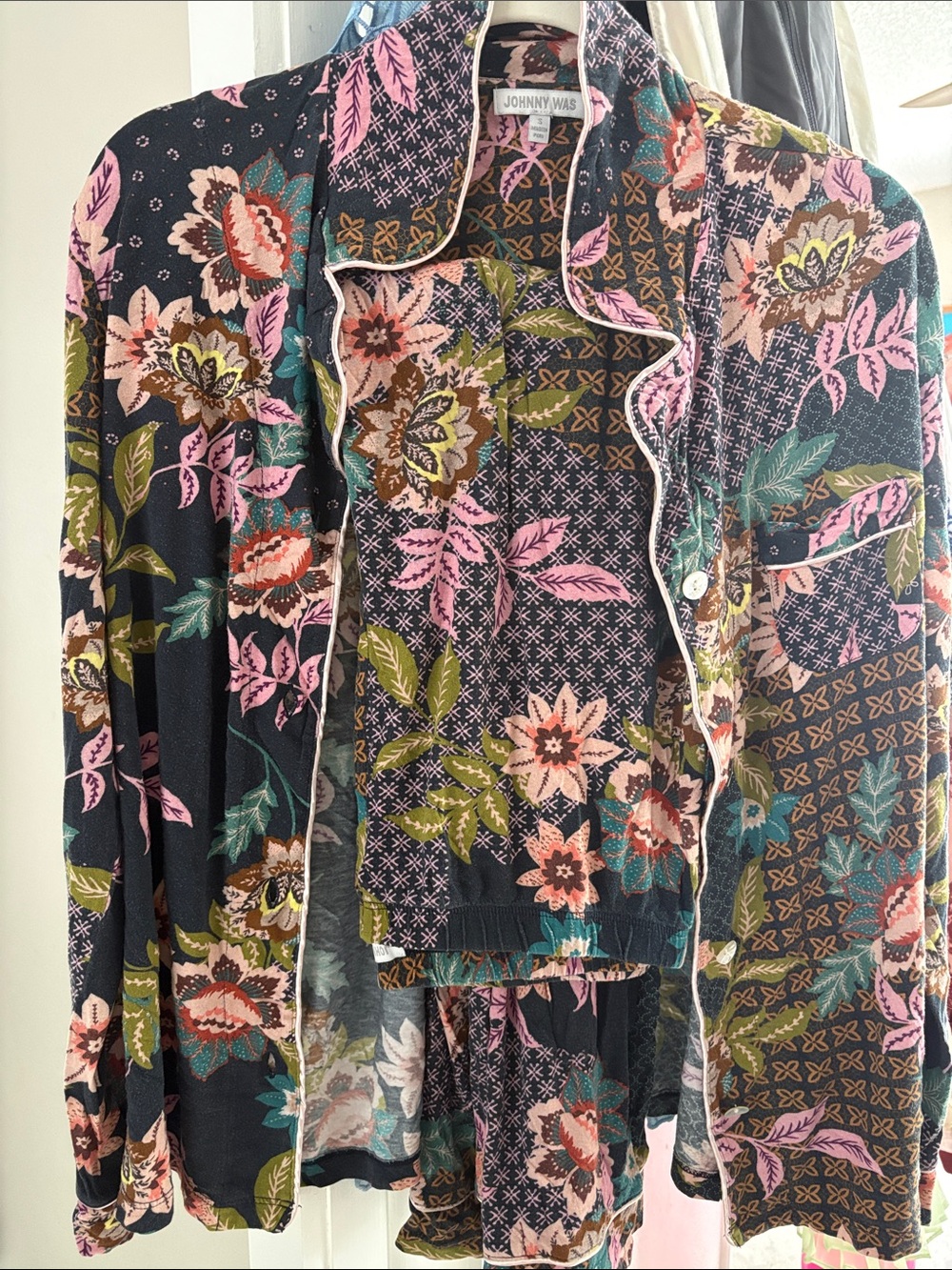 Johnny Was .The Carly -Black Floral Button-Down Top with Pink & Green Accents